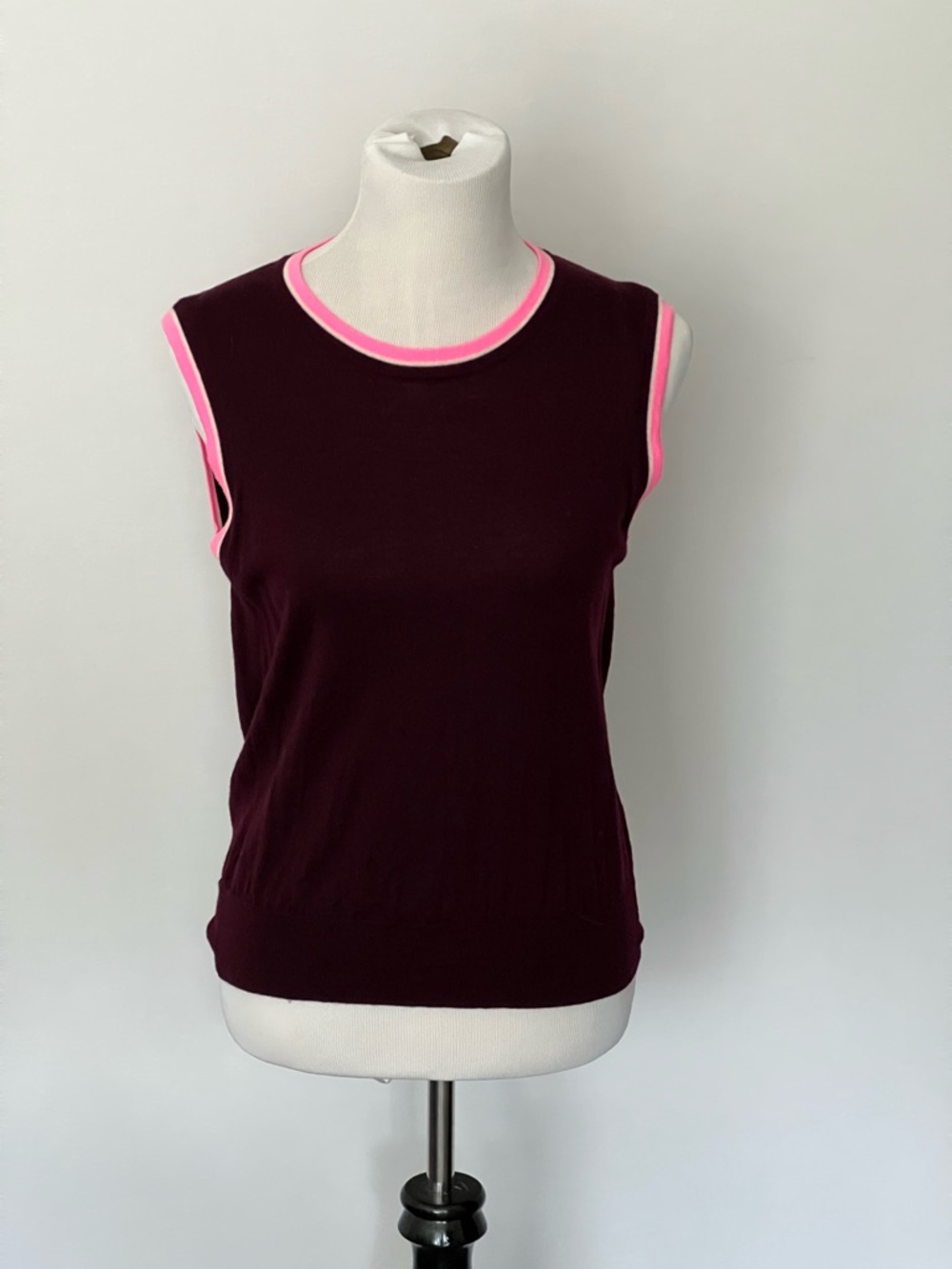 J. Crew Sleeveless Knit Tank in Plum with Pink Trim